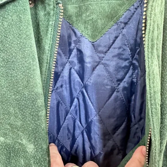 Green & Blue Suede Leather Bomber Jacket 80s Vintage Copper Key Size Medium - Picture 5 of 12